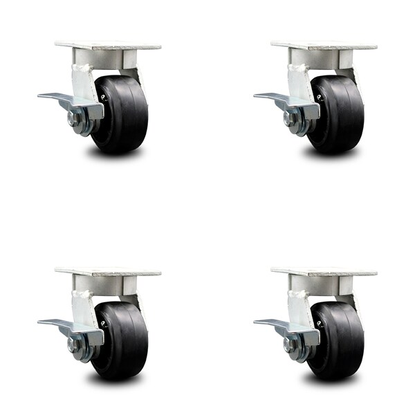 4 Inch Kingpinless Rubber on Steel Wheel Swivel Caster Set with Brakes SCC